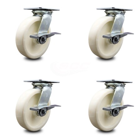 Service Caster 8 Inch Heavy Duty Nylon Caster Set with Ball Bearings and Brakes SCC-35S820-NYB-SLB-4